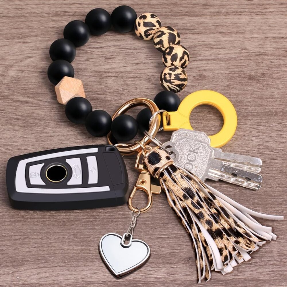 Keychain Bracelet Wristlet, Silicone Beaded Key Ring Bracelet with Card Wallet, - Picture 3 of 7